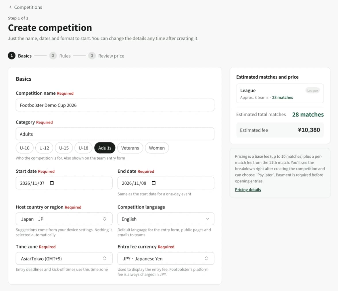 Create a competition: basics with estimated matches and fee